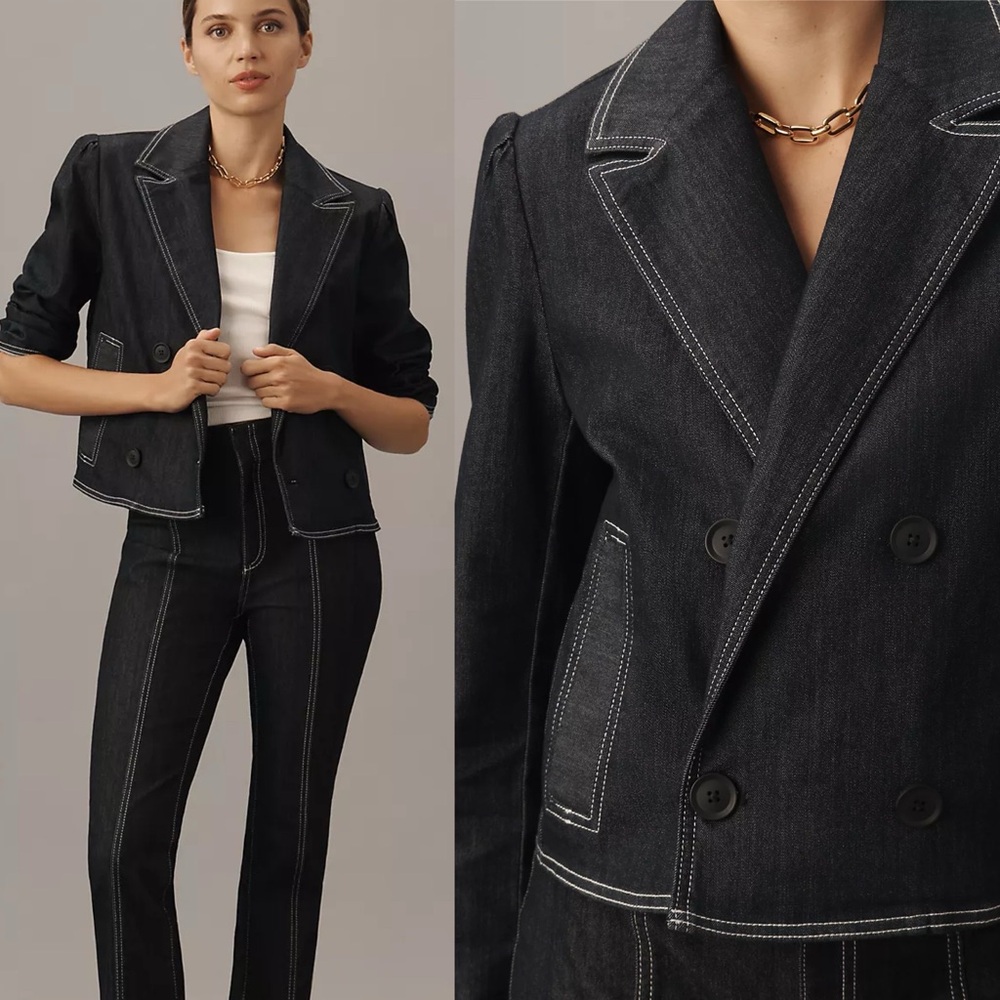 Anthropologie Maeve Boxy Rinsed Denim Blazer Double Breasted Crop Dark Blue XXS